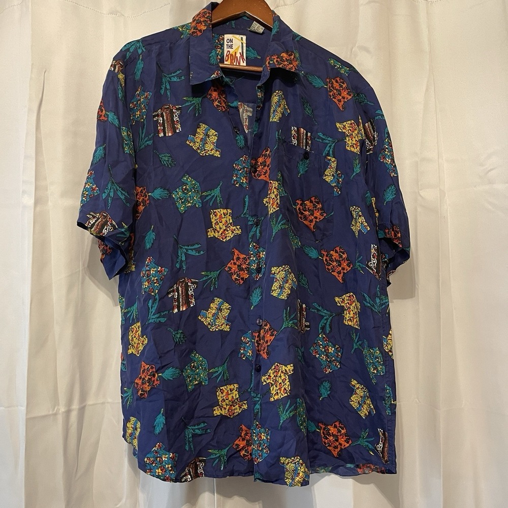 Vintage On The Brink 90s Silk Hawaiian Shirt Men XL Shirts Print Hipster